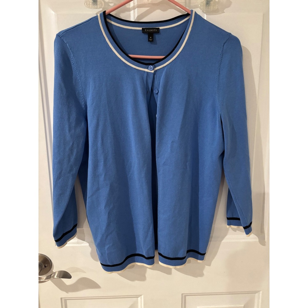Talbots Cardigan Sweater Cotton Blend Knit‎ Top Blue White Trim Size M